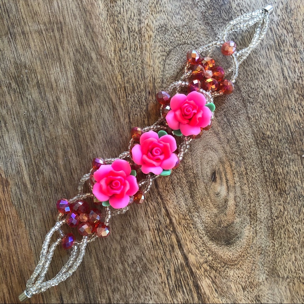New magnetic pink flower beaded statement bracelet